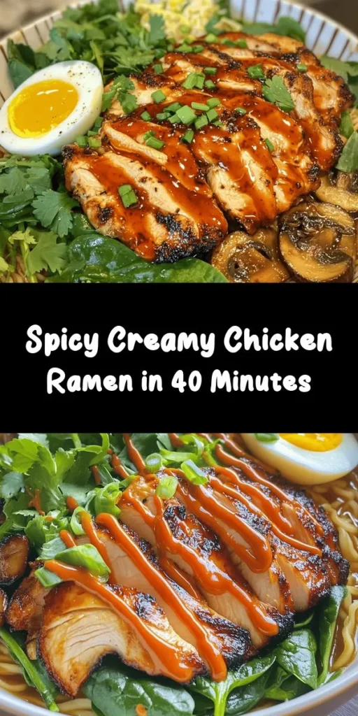 Spice up your dinner with this Fiery Chicken Ramen! Tender chicken thighs marinated in a zesty mix of Sriracha, soy sauce, and sesame oil are paired with savory chicken broth, ramen noodles, and fresh veggies like mushrooms and spinach. Top it off with a creamy garlic sauce for an extra kick. Serve it in cozy bowls with soft-boiled eggs and a sprinkle of cilantro. A deliciously fiery meal ready in just an hour! Perfect for ramen lovers!