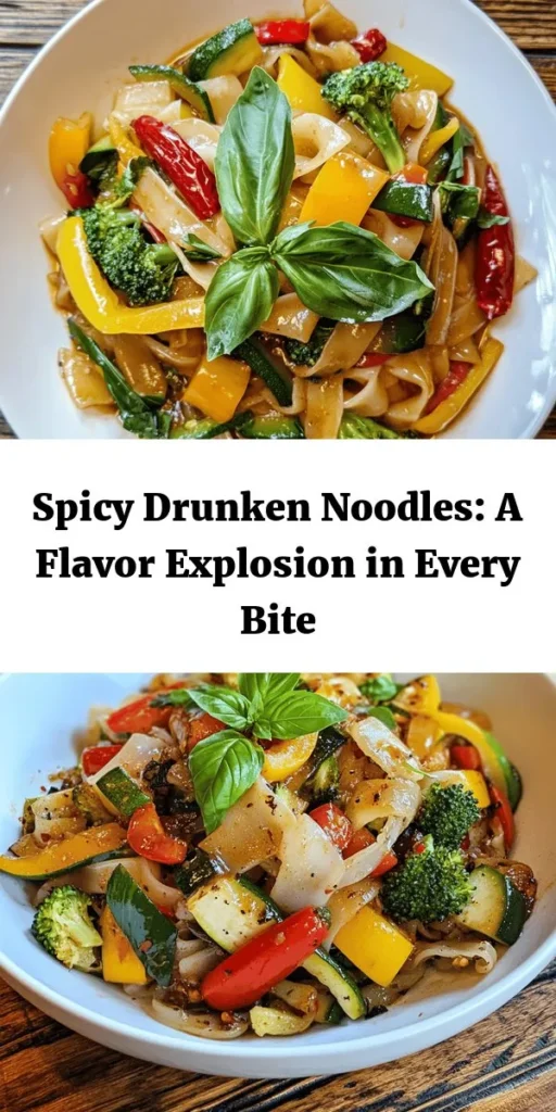 Discover the bold flavors of Spicy Drunken Noodles Delight! This quick and easy recipe features wide rice noodles stir-fried with vibrant veggies like bell peppers, zucchini, and broccoli, along with your choice of protein for a hearty meal. Finished off with fragrant Thai basil and a spicy kick from bird's eye chilies, it's a perfect dish for spice lovers. Ready in just 30 minutes, enjoy a taste of Thailand from your kitchen!