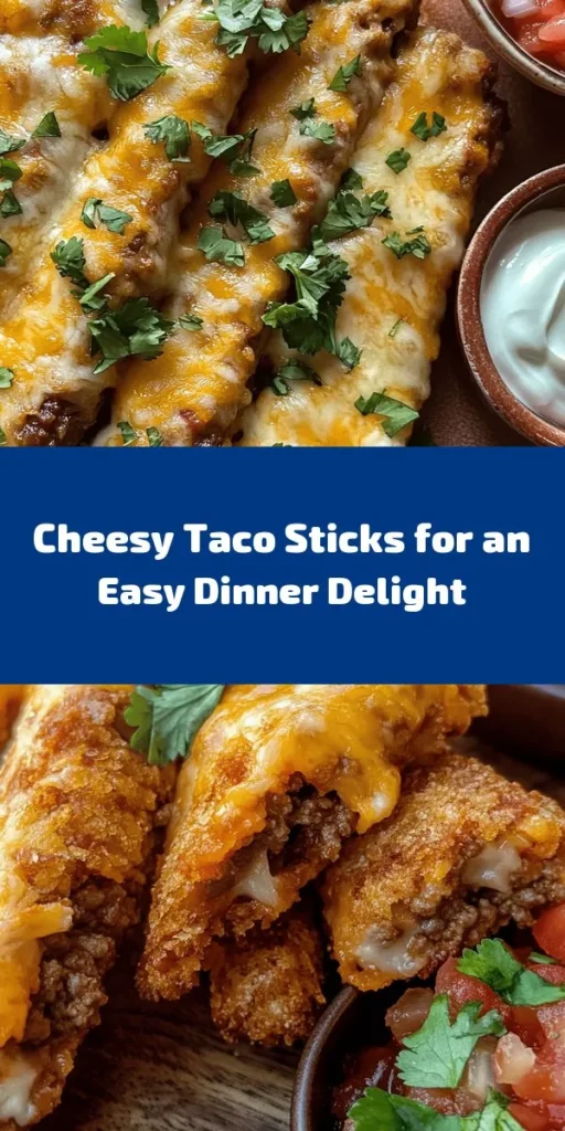 Get ready to indulge in these delicious Cheesy Taco Sticks! Perfect for parties or a cozy family dinner, this recipe combines seasoned ground beef, melty cheddar and mozzarella cheese, and fresh veggies, all wrapped in flaky crescent roll dough. Bake until golden brown and serve with salsa and sour cream for an irresistible treat. Easy to make and packed with flavor, these taco sticks are a crowd-pleaser you won't want to miss!