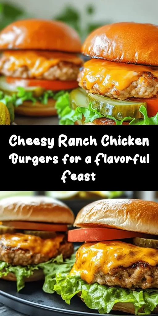Get ready to indulge in Cheesy Ranch Bliss Burgers that are bursting with flavor! Made with tender ground chicken, sharp cheddar cheese, and zesty ranch dressing, these juicy patties are an absolute treat. Cook them to a golden perfection and serve on toasted buns with fresh lettuce, juicy tomatoes, and pickles. Perfect for a quick weeknight dinner or a weekend BBQ, this easy recipe is sure to become a family favorite! Give it a try!