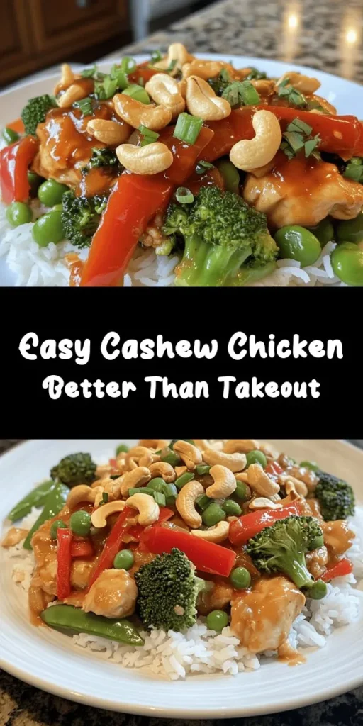 Get ready to impress your family with this Better-Than-Takeout Cashew Chicken! This quick and easy recipe features tender chicken, crunchy cashews, and colorful veggies tossed in a savory sauce that rivals your favorite Chinese restaurant. Perfectly served over fluffy jasmine rice, it's a healthy weeknight dinner that can be prepared in just 35 minutes. Enjoy a delicious meal that’s packed with flavor and nutrients! Don’t forget to save this recipe for your next cooking night!