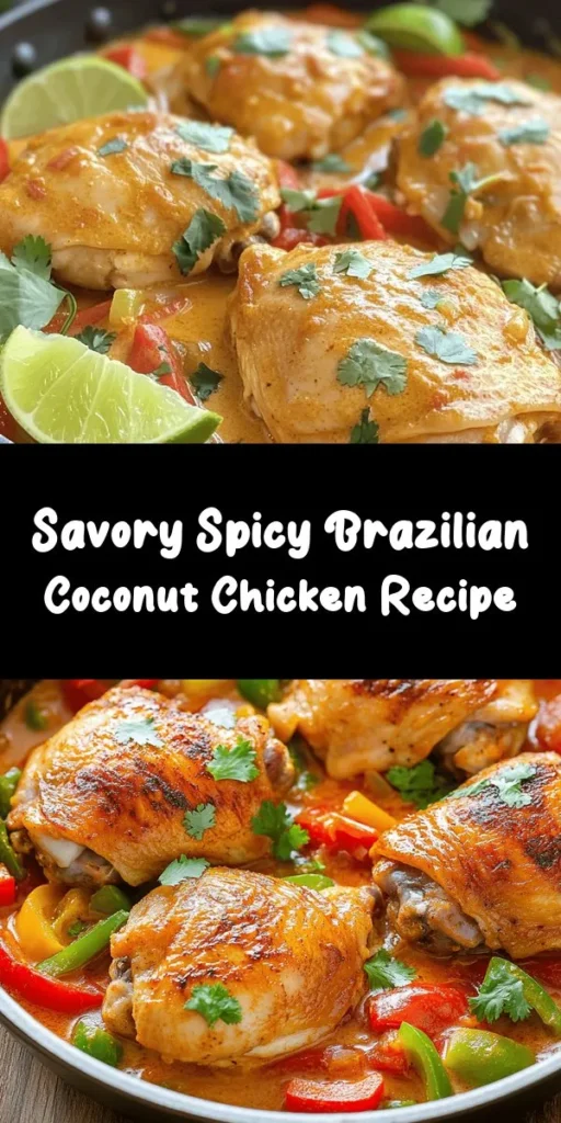 Bring a taste of Brazil to your dinner table with this Spicy Brazilian Coconut Chicken! Tender chicken thighs are seared to perfection and simmered in a creamy coconut milk sauce with vibrant bell peppers and aromatic spices. This dish is not only easy to make but also bursting with flavor. Perfect for a cozy family meal, it pairs beautifully with lime wedges and fresh cilantro for a touch of brightness. Try it tonight for a delightful culinary escape!