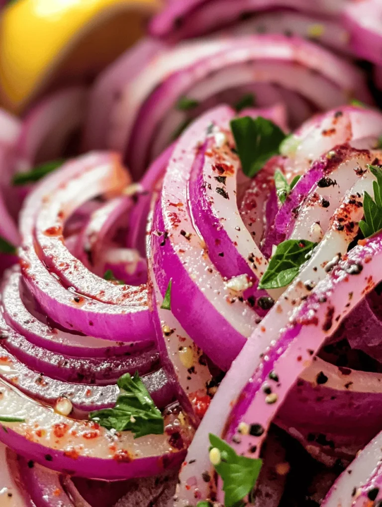 Zesty Sumac Onions are a delightful and vibrant dish that can elevate a wide range of meals with their unique flavor profile and eye-catching presentation. This dish showcases the refreshing bite of red onions, balanced by the tangy notes of sumac and fresh lemon juice, making it a perfect accompaniment to grilled meats, salads, or even as a stand-alone topping. What sets this recipe apart is not just its vibrant flavors, but also the simplicity of its preparation, allowing the fresh ingredients to shine through.