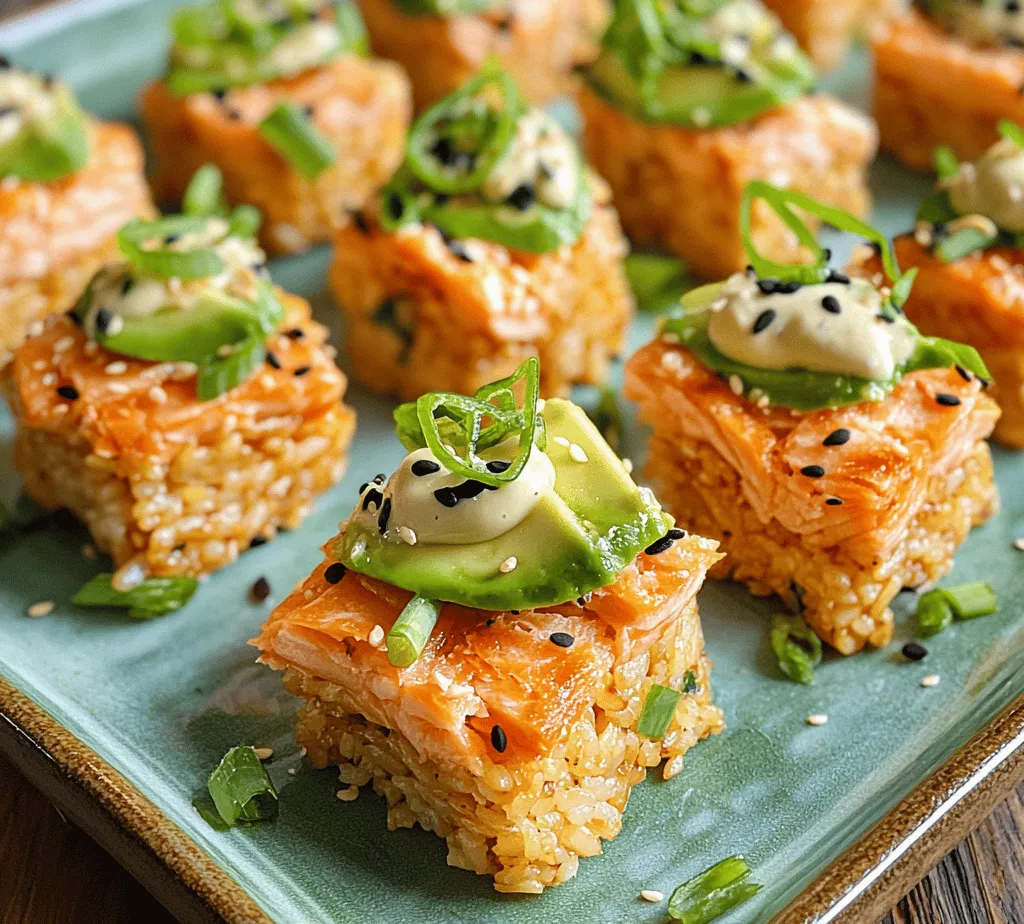 In recent years, the culinary world has seen a surge in sushi-inspired dishes that delight the palate and engage the senses. Among these creative adaptations, <strong>Crispy Salmon Rice Bites</strong> stand out as a unique appetizer that marries the traditional flavors of sushi with a modern twist. These delectable bites encapsulate the essence of sushi in a convenient, crispy form, making them ideal for entertaining guests at a dinner party or enjoying as a satisfying snack at home.” /></p>
</p>
<h3>Forming Rice Bites</h3>
</p>
<p>Once your sushi rice is perfectly cooked and cooled, it’s time to shape those rice bites. Forming the rice into bite-sized pieces is key to achieving both the right texture and presentation. To begin, take a small handful of the cooled rice—about the size of a golf ball. This portion will yield a rice bite that is easy to handle and enjoyable to eat.</p>
</p>
<p>A crucial tip to keep in mind is to use damp hands when shaping the rice. Wetting your hands prevents the rice from sticking to your fingers, making the shaping process much smoother. Simply fill a small bowl with water and keep it nearby for easy access. Dip your hands in the water before handling the rice, and then gently press and mold the rice into a compact shape. Aim for a slightly flattened oval or round form, which will allow for better crisping later on. Repeat this process until you’ve shaped all your rice bites.</p>
</p>
<h3>Crisping the Rice</h3>
</p>
<p>Achieving the perfect golden-brown crust on your rice bites is essential for both taste and texture. To do this, you’ll want to fry the rice bites in oil. Choose a neutral oil with a high smoke point, such as vegetable or canola oil, to prevent any overpowering flavors.</p>
</p>
<p>Heat a skillet over medium-high heat and add enough oil to cover the bottom of the pan generously—about 1/4 inch deep should suffice. To check if the oil is hot enough, you can drop a small piece of rice into the oil; if it sizzles immediately, you’re ready to fry. Carefully place the rice bites in the skillet, ensuring not to overcrowd the pan. Fry in batches if needed.</p>
</p>
<p>Cook each side for about 3-4 minutes, or until they reach a golden-brown color. You want them to be crispy on the outside while remaining soft and chewy on the inside. Once done, transfer the crispy rice bites to a paper towel-lined plate to drain any excess oil. This step keeps them from becoming soggy and maintains that delightful crunch.</p>
</p>
<h3>Assembling Your Crispy Salmon Rice Bites</h3>
</p>
<p>Now that your rice bites are perfectly fried, it’s time to assemble them with the star ingredients: salmon and avocado. This assembly process allows you to create a visually stunning and delicious combination.</p>
</p>
<p><strong>Layering Ingredients</strong></p>
</p>
<p>Start by placing a crispy rice bite on a plate. Top it with a small slice of fresh salmon, which can be either sashimi-grade or lightly seared, depending on your preference. The salmon adds a rich flavor and a beautiful pink hue that contrasts nicely with the golden rice.</p>
</p>
<p>Next, slice your avocado into thin, elegant pieces. Layer a slice of avocado on top of the salmon, adding a creamy texture that balances the dish. To elevate the flavor profile further, drizzle a small amount of wasabi mayonnaise over the top. You can easily make wasabi mayo by mixing mayonnaise with a touch of wasabi paste, adjusting to your preferred level of spice. This creamy condiment adds a zesty kick that complements the richness of the salmon and avocado beautifully.</p>
</p>
<h3>Garnishing</h3>
</p>
<p>Garnishes play a significant role in both the presentation and taste of your crispy salmon rice bites. To enhance the visual appeal, consider cutting nori sheets into thin strips. These seaweed strips not only add a striking contrast to the colors of your dish but also impart a subtle umami flavor that rounds out the overall taste.</p>
</p>
<p>Additionally, finely chopped scallions can be sprinkled on top for a fresh, oniony bite. They also add a lovely pop of green that brightens the presentation. Lastly, a light dusting of sesame seeds—either white or black—provides both crunch and a nutty flavor that enhances each bite.</p>
</p>
<h3>Serving Suggestions and Pairings</h3>
</p>
<p>Presenting your crispy salmon rice bites in an appealing way can elevate your dining experience, especially if you’re serving them at a gathering or special occasion.</p>
</p>
<p><strong>Plating Techniques</strong></p>
</p>
<p>For an elegant presentation, consider using a rectangular serving platter to arrange your rice bites in a line, creating a visually striking display. You can alternate the direction of the bites for added interest. To further enhance the look, drizzle a bit of wasabi mayo artistically on the platter, and garnish with additional nori strips and sesame seeds around the bites.</p>
</p>
<p>For a more casual setting, a wooden sushi board can provide a rustic charm. Pair the bites with small bowls of soy sauce and pickled ginger on the side for a complete sushi experience.</p>
</p>
<p><strong>Pairing Options</strong></p>
</p>
<p>Pairing your crispy salmon rice bites with the right beverages or side dishes can enhance their flavors further. Consider serving them with a chilled glass of sake, which complements the umami flavors of the salmon and adds a traditional Japanese touch. Alternatively, a crisp white wine, such as a Sauvignon Blanc or a light-bodied Pinot Grigio, can also work beautifully.</p>
</p>
<p>If you want to keep things light, a fresh salad with a citrus vinaigrette can provide a refreshing contrast to the richness of the salmon and avocado. A side of edamame or a miso soup could also make for delightful accompaniments, rounding out your meal perfectly.</p>
</p>
<h3>Nutritional Benefits of Crispy Salmon Rice Bites</h3>
</p>
<p>Beyond their delicious taste and beautiful presentation, crispy salmon rice bites are packed with nutritional benefits that make them a smart choice for any meal.</p>
</p>
<p><strong>Salmon as a Superfood</strong></p>
</p>
<p>Salmon is often hailed as a superfood, and for good reason. It is an excellent source of omega-3 fatty acids, which are essential for heart and brain health. These healthy fats can help lower inflammation, improve cholesterol levels, and support cognitive function. Additionally, salmon is a high-quality source of protein, providing essential amino acids necessary for muscle repair and growth. This makes your crispy salmon rice bites not only satisfying but also nourishing.</p>
</p>
<p><strong>Benefits of Avocado</strong></p>
</p>
<p>Avocados contribute their own set of health benefits to the dish. Rich in monounsaturated fats, avocados are known to support heart health and provide a feeling of fullness, which can aid in weight management. They are also packed with vitamins and minerals, including vitamin K, vitamin E, and folate, making them a nutrient-dense addition to your meal. The creamy texture of avocado also adds a delightful mouthfeel that complements the crispy rice and savory salmon.</p>
</p>
<h3>Conclusion</h3>
</p>
<p>Making crispy salmon rice bites is not only a fun and creative cooking experience but also a delightful culinary journey that results in a versatile appetizer perfect for any occasion. From casual gatherings to formal events, these bites are sure to impress your guests with their stunning presentation and delicious flavors.</p>
</p>
<p>By embracing the combination of crispy rice, fresh salmon, creamy avocado, and the kick of wasabi mayonnaise, you create a dish that is as visually appealing as it is flavorful. The nutritional benefits of the ingredients make these bites a smart choice for both health-conscious individuals and those looking to indulge in something delicious.</p>
</p>
<p>So, gather your ingredients, put on your apron, and start crafting these crispy salmon rice bites. Once you serve them, be prepared for compliments and requests for the recipe—you might just find this dish becoming a staple in your culinary repertoire! Enjoy the process, experiment with flavors, and most importantly, savor the delightful experience of bringing these tasty bites to life.</p>
<div id=