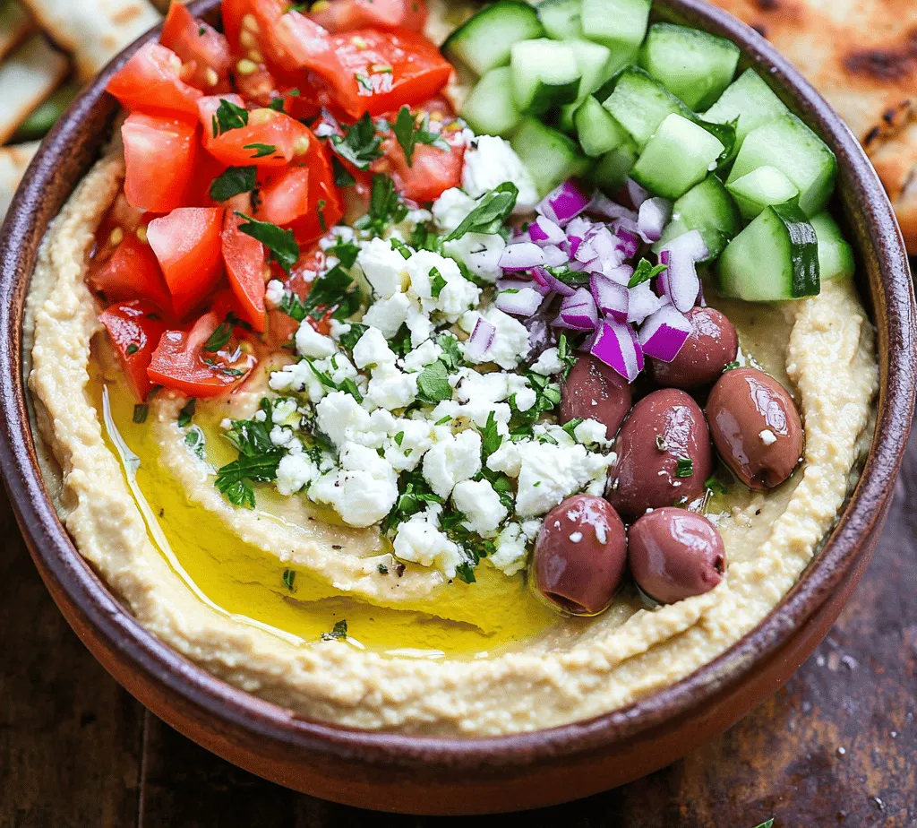In the realm of dips, few can rival the creamy delight and versatility of hummus. Among its many variations, <strong>Greek Style Loaded Hummus</strong> stands out as a vibrant and flavorful dish that embodies the spirit of Mediterranean cuisine. Originating from the heart of Greece, this dish is a perfect representation of the region’s culinary heritage, bringing together fresh ingredients and bold flavors. Hummus is not just a dip; it is a cultural symbol, an appetizer that brings people together around the table, and a testament to the Mediterranean way of life that celebrates health and community.” /></p>
</p>
<h3>Step-by-Step Instructions</h3>
</p>
<p>Creating Greek Style Loaded Hummus is a rewarding process that allows you to indulge in delicious flavors while maintaining a focus on health. Follow these detailed instructions to ensure your hummus turns out perfectly every time.</p>
</p>
<h4>Preparation of the Hummus Base</h4>
</p>
<p>1. <strong>Gather Your Ingredients</strong>: Begin by assembling all the necessary ingredients for the hummus base. You will need 1 can (15 oz) of chickpeas, 1/4 cup of tahini, 1/4 cup of fresh lemon juice (about 1 large lemon), 2 cloves of garlic (minced), 2 tablespoons of extra virgin olive oil, 1/2 teaspoon of ground cumin, and salt to taste. Optionally, you can add a pinch of cayenne pepper for a subtle kick.</p>
</p>
<p>2. <strong>Rinse and Drain the Chickpeas</strong>: Open the can of chickpeas and pour it into a colander. Rinse them under cold water to remove excess sodium and any canning liquid. This step is crucial for achieving a fresh flavor profile.</p>
</p>
<p>3. <strong>Blend the Ingredients</strong>: In a food processor, combine the rinsed chickpeas, tahini, lemon juice, garlic, olive oil, cumin, and a pinch of salt. Begin blending the mixture on high speed.</p>
</p>
<p>4. <strong>Achieving the Right Consistency</strong>: If the hummus appears too thick, add a tablespoon of cold water at a time while blending until you reach a creamy and smooth consistency. Scrape down the sides of the bowl with a spatula to ensure all ingredients are well incorporated. This step is vital to achieve that luscious texture that will serve as the perfect canvas for your toppings.</p>
</p>
<p>5. <strong>Taste and Adjust</strong>: Once blended, taste the hummus and adjust the seasoning according to your preference. You may want to add more salt or lemon juice for brightness. Blend again to combine.</p>
</p>
<h4>Mixing the Topping</h4>
</p>
<p>1. <strong>Prepare the Vegetable Mixture</strong>: For the topping, you will need 1 cup of diced cucumber, 1 cup of diced tomatoes, 1/2 cup of finely chopped red onion, and 1/2 cup of kalamata olives (pitted and sliced).</p>
</p>
<p>2. <strong>Combine and Season</strong>: In a mixing bowl, combine the diced cucumber, tomatoes, red onion, and olives. Drizzle with 1 tablespoon of olive oil, and add 1 tablespoon of red wine vinegar. Season with salt and pepper to taste. This mixture should be refreshing and bright, balancing the creaminess of the hummus.</p>
</p>
<p>3. <strong>Mix Gently</strong>: Toss the vegetables gently to combine the flavors without mashing them. The goal is to maintain the integrity of the vegetables for a pleasant crunch.</p>
</p>
<h4>Presentation Tips</h4>
</p>
<p>1. <strong>Plate Your Hummus</strong>: Transfer the blended hummus to a serving dish. Use a spatula to create a shallow well in the center of the hummus. This well is not only functional for holding toppings but also enhances the visual appeal of your dish.</p>
</p>
<p>2. <strong>Layer the Toppings</strong>: Spoon the vegetable mixture into the well you created. This layering adds height and makes the dish visually striking. Drizzle a bit more olive oil over the top for a glossy finish and sprinkle with fresh parsley or dill for added color and flavor.</p>
</p>
<p>3. <strong>Final Touches</strong>: Serve immediately with pita bread, vegetable sticks, or crackers. For an authentic Greek touch, you can also garnish with crumbled feta cheese or a sprinkle of za’atar for extra flavor.</p>
</p>
<h3>Nutritional Information</h3>
</p>
<p>Greek Style Loaded Hummus is not only delicious but also packed with nutrients.</p>
</p>
<p>– <strong>Protein-Packed</strong>: Chickpeas are an excellent source of plant-based protein, providing about 7 grams of protein per 1/3 cup serving. This makes hummus a filling option that can help keep you satisfied throughout the day.</p>
</p>
<p>– <strong>Healthy Fats</strong>: The extra virgin olive oil contributes healthy monounsaturated fats, which are beneficial for heart health. These fats help to lower bad cholesterol levels while providing essential antioxidants.</p>
</p>
<p>– <strong>Vitamins and Minerals</strong>: The addition of fresh vegetables like cucumbers and tomatoes offers a variety of vitamins, including Vitamin C and Vitamin K, as well as dietary fiber that aids digestion.</p>
</p>
<p>– <strong>Balanced Diet</strong>: A serving size of Greek Style Loaded Hummus is roughly 1/4 cup, making it an excellent addition to a balanced diet. Pair it with whole-grain pita bread or fresh veggies for a wholesome snack or appetizer.</p>
</p>
<h3>Variations and Customizations</h3>
</p>
<p>One of the best aspects of Greek Style Loaded Hummus is its versatility. Here are some ways to customize this dish to suit your taste:</p>
</p>
<h4>Flavor Variations</h4>
</p>
<p>1. <strong>Roasted Red Peppers</strong>: Blend in some roasted red peppers for a smoky flavor. You can use jarred peppers or roast your own for a more intense taste.</p>
</p>
<p>2. <strong>Spice It Up</strong>: Experiment with spices by adding smoked paprika, ground coriander, or even a hint of harissa for a bit of heat.</p>
</p>
<p>3. <strong>Herbed Hummus</strong>: Fresh herbs such as basil, cilantro, or mint can be blended into the hummus for a burst of freshness.</p>
</p>
<h4>Dietary Adjustments</h4>
</p>
<p>1. <strong>Vegan Version</strong>: This recipe is already vegan-friendly, but you can ensure all ingredients are certified vegan, especially if using store-bought tahini or olive oil.</p>
</p>
<p>2. <strong>Gluten-Free</strong>: Serve with gluten-free crackers or sliced vegetables like carrots, bell peppers, and cucumber to keep the dish gluten-free.</p>
</p>
<p>3. <strong>Nut-Free Option</strong>: If you have nut allergies, ensure your tahini is free from cross-contamination and use sunflower seed butter as an alternative for creaminess.</p>
</p>
<h4>Serving Suggestions</h4>
</p>
<p>1. <strong>Pairings</strong>: Greek Style Loaded Hummus pairs beautifully with a variety of sides. Consider serving it alongside a Greek salad, grilled meats, or as part of a mezze platter with falafel, stuffed grape leaves, and tzatziki.</p>
</p>
<p>2. <strong>Wraps and Sandwiches</strong>: Use it as a spread in wraps or sandwiches, adding grilled vegetables or roasted chicken for a complete meal.</p>
</p>
<p>3. <strong>Snack Time</strong>: Serve as a dip with a colorful array of raw vegetables, pita chips, or rice cakes for a healthy snack option.</p>
</p>
<h3>Cultural Significance and Pairings</h3>
</p>
<p>Hummus holds a special place in Greek and Middle Eastern cuisine, often enjoyed during gatherings and celebrations. It embodies the spirit of sharing and community, making it a staple dish on many dining tables.</p>
</p>
<h4>Role in Greek Gatherings</h4>
</p>
<p>In Greece, hummus is typically served as part of a mezze platter, which includes a variety of small dishes. This communal style of eating encourages sharing and socializing, making it a beloved dish during family gatherings, holidays, and special occasions.</p>
</p>
<h4>Complementary Dishes</h4>
</p>
<p>Hummus pairs well with traditional Greek dishes such as:</p>
</p>
<p>– <strong>Greek Salad</strong>: The freshness of cucumbers, tomatoes, and olives complements the creamy texture of hummus, creating a balanced meal.</p>
</p>
<p>– <strong>Grilled Meats</strong>: Serve alongside skewers of grilled chicken or lamb for a hearty and satisfying dinner.</p>
</p>
<p>– <strong>Mezze</strong>: Incorporate hummus into a larger mezze spread that includes items like baba ghanoush, tabbouleh, and dolmas (stuffed grape leaves) for a festive touch.</p>
</p>
<h3>Conclusion</h3>
</p>
<p>Greek Style Loaded Hummus is a delightful dish that brings together health, flavor, and cultural richness. Its creamy texture and vibrant toppings make it an appealing choice for any meal or occasion. Whether you are hosting a gathering or preparing a simple snack, this recipe is a versatile and nutritious addition to your culinary repertoire.</p>
</p>
<p>Embrace the art of sharing and enjoy the communal aspect of this dish, inviting friends and family to dip into the flavors of Greece. With its blend of wholesome ingredients and delectable taste, Greek Style Loaded Hummus is sure to become a favorite in your home, perfect for any occasion.</p>
<div id=