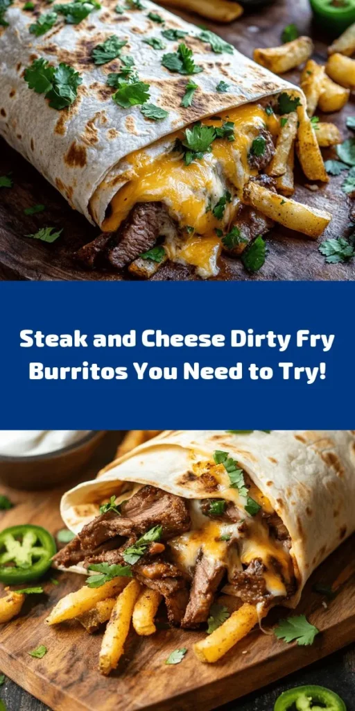 Indulge in a flavor-packed feast with these Steak & Cheese Dirty Fry Burritos! Start with marinated flank steak seasoned to perfection, then add crispy baked fries and a melty blend of cheddar and Monterey Jack cheese. Wrapped in warm flour tortillas, these burritos are a delightful combination of flavors and textures. Top with sour cream and jalapeños for a spicy kick, and enjoy this mouthwatering recipe for a satisfying meal any time!