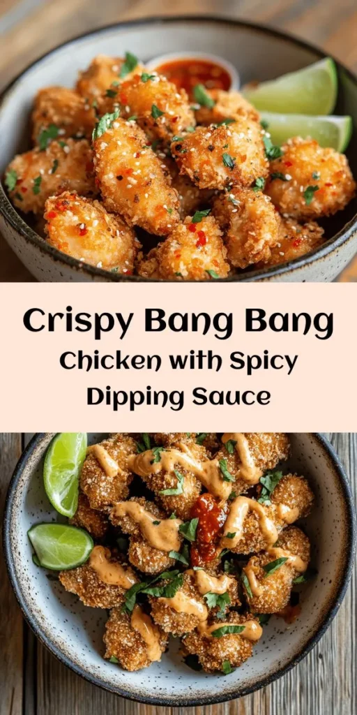 Indulge in a deliciously crispy Bang Bang Chicken that’s perfect for any occasion! This recipe features tender, bite-sized chicken thighs coated in a flavorful buttermilk marinade and crispy panko breadcrumbs. Fried to golden perfection and tossed in a creamy, spicy Bang Bang sauce, every bite is an explosion of flavor. Serve it as an appetizer or main dish, and watch it disappear! Perfect for gathering around the table or a cozy night in. Enjoy!