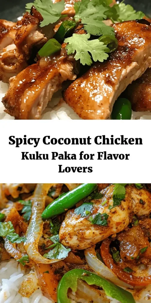 Try this delicious Spicy Coconut Chicken Kuku Paka for your next meal! This rich and flavorful dish features marinated chicken simmered in coconut milk, blended with aromatic spices and fresh ingredients. Perfect for a cozy dinner, it pairs beautifully with rice or ugali. With a preparation time of just 30 minutes, this recipe yields a satisfying meal for four. Don't forget to garnish with fresh cilantro for that extra burst of freshness!