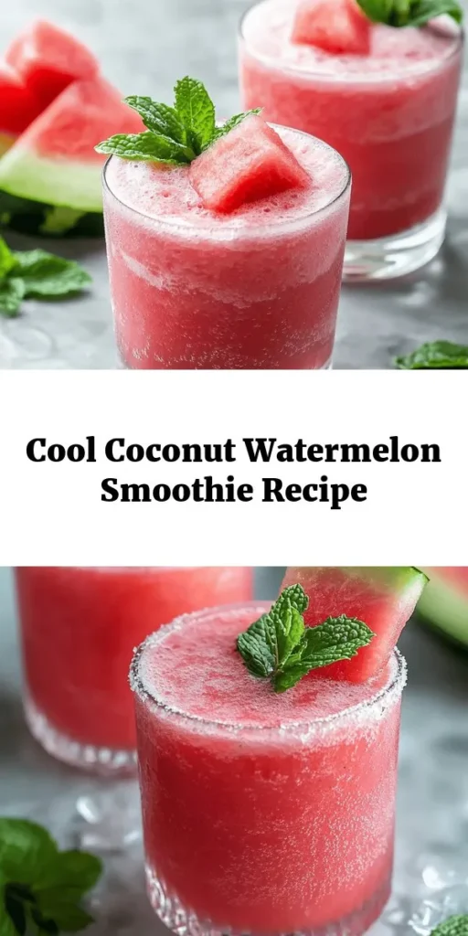 Quench your thirst with this refreshing Watermelon Smoothie with Coconut Water! Packed with juicy watermelon, creamy frozen banana, and a splash of lime, it's the perfect summer treat. Just blend up your ingredients, adjust the sweetness to your liking, and enjoy a cool drink garnished with fresh mint. With just 10 minutes of prep time, this healthy smoothie is perfect for breakfast or a revitalizing snack. Stay cool and hydrated!