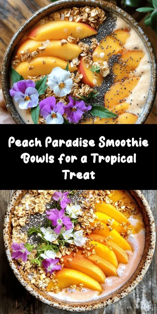 Indulge in the tropical bliss of Peach Paradise Smoothie Bowls! This creamy, dreamy treat combines ripe peaches, a frozen banana, and Greek yogurt for a delightfully refreshing breakfast or snack. With just a quick 10-minute prep, you can whip up this healthy bowl topped with fresh peaches, granola, chia seeds, and coconut flakes. Perfect for sunny mornings or a midday pick-me-up, it’s both nourishing and visually stunning! Enjoy the burst of summer in every bite!