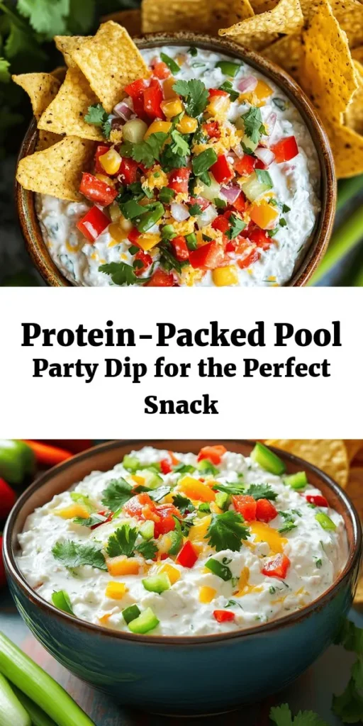Get ready for your next pool party with this delicious high-protein dip! Made with creamy Greek yogurt and cottage cheese, this easy recipe features shredded chicken, low-fat cheese, and colorful bell peppers for a tasty twist. A hint of lime juice and a mix of spices make it irresistible. Perfect for pairing with tortilla chips or crunchy veggie sticks, this dip is a healthier option that everyone will love. Whip it up in just 10 minutes and let it chill for a flavorful snack. Dive into this refreshing dish today!
