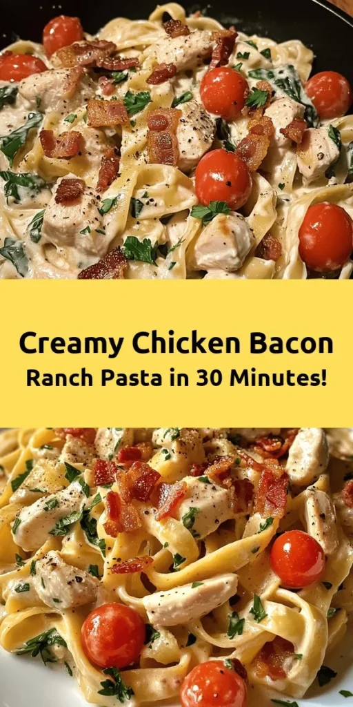 Indulge in this creamy chicken bacon ranch pasta that's sure to please the whole family! With tender chicken, crispy bacon, and fresh spinach, all enveloped in a rich ranch cream sauce, this dish is a comforting weeknight favorite. It comes together in just 30 minutes, making it perfect for busy nights. Plus, it’s easily customizable with your favorite pasta. Serve it up and enjoy a delicious meal everyone will love!