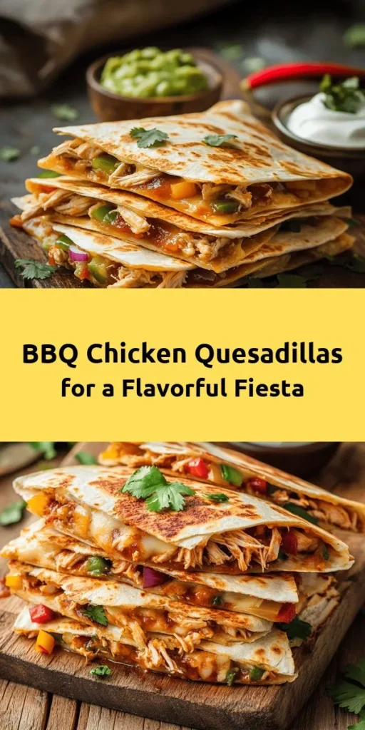 Treat yourself to a delicious BBQ Chicken Quesadilla Fiesta! This easy recipe combines shredded chicken coated in tangy BBQ sauce with gooey mozzarella and cheddar cheese, sautéed peppers, and onions, all wrapped in crispy tortillas. Perfect for a quick weeknight dinner or a fun weekend treat, these quesadillas are served with sour cream and guacamole for an extra flavor boost. Enjoy a satisfying meal the whole family will love in just 30 minutes!