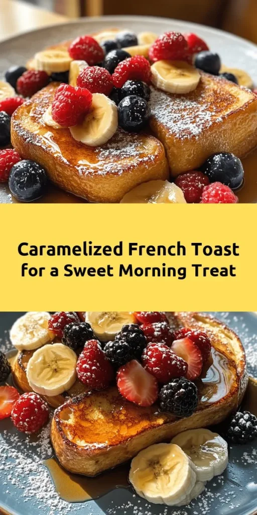Indulge in the heavenly taste of Caramelized Bliss French Toast! This easy recipe features thick slices of brioche or challah, perfectly soaked in a rich egg-milk mixture with cinnamon and vanilla. Cooked to golden perfection and caramelized for extra sweetness, it’s a delightful breakfast treat. Serve it warm, drizzled with maple syrup, and topped with fresh banana slices and berries for a colorful touch. Ideal for a cozy brunch or a sweet start to your day!