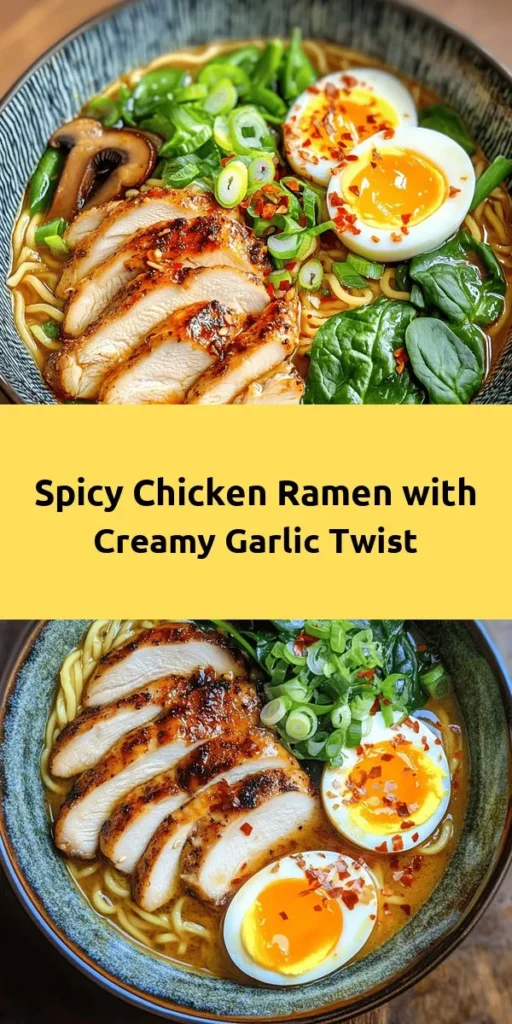 Spice up your dinner with this delicious Fiery Chicken Ramen featuring a creamy garlic sauce! Perfectly marinated chicken thighs are cooked to perfection and served over ramen noodles in a savory chicken broth. Packed with shiitake mushrooms and baby spinach, this dish is both hearty and satisfying. The creamy garlic sauce adds a delightful finish, and optional garnishes like soft-boiled eggs and fresh herbs elevate it even more. Try this easy recipe for a flavorful twist on a classic favorite!