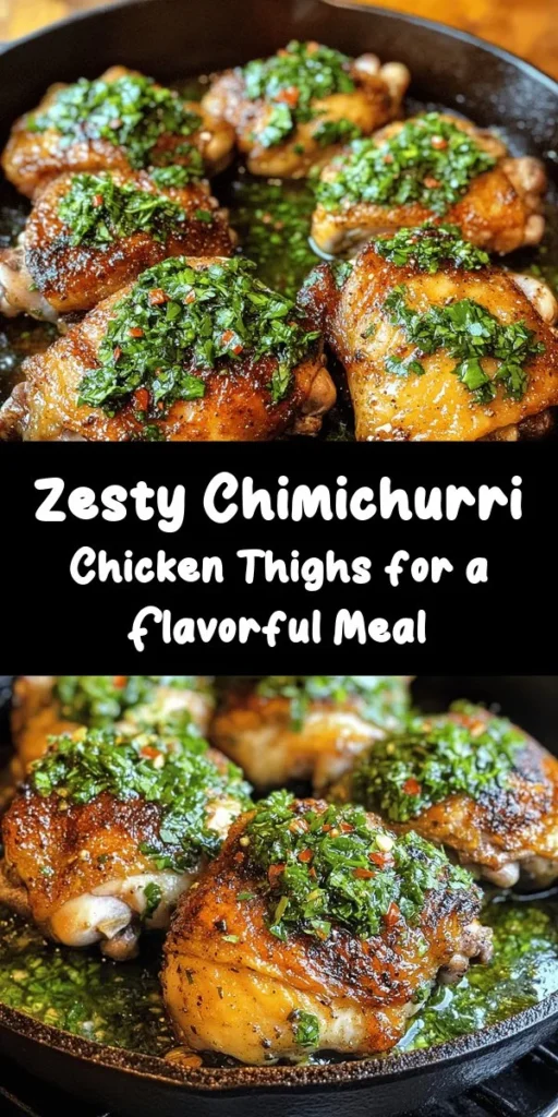 Elevate your dinner with these flavorful Chimichurri Chicken Thighs! This mouthwatering recipe features juicy, bone-in thighs seared to perfection, topped with a zesty homemade chimichurri sauce made from fresh herbs, garlic, and a splash of lemon. Perfectly baked for easy, irresistible meals, pair it with roasted veggies or a crisp salad for balanced dining. Quick prep and ready in under an hour, this dish is sure to impress!