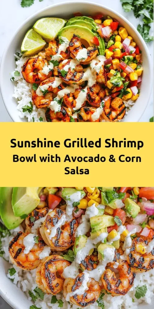 Brighten up your meal with this delicious Grilled Shrimp Bowl featuring fresh avocado and zesty corn salsa! Perfect for a sunny day, this recipe combines marinated shrimp grilled to perfection, served over a bed of rice and topped with a creamy garlic sauce. With vibrant flavors and easy steps, this bowl is not only satisfying but also nutritious. Ideal for a quick weeknight dinner or a weekend feast, enjoy the sunshine in every bite!
