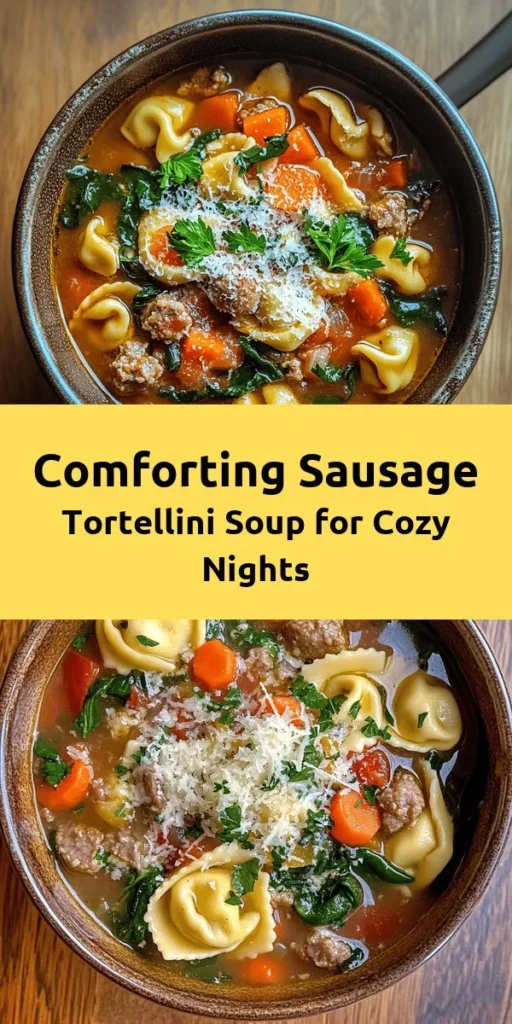 Warm up with this Hearty Sausage Tortellini Soup, a comforting bowl of deliciousness! Featuring flavorful Italian sausage, fresh veggies, and tender cheese tortellini, this soup is perfect for chilly evenings. Ready in just 30 minutes, it’s easy to make and even easier to enjoy. Add a splash of cream for extra richness and top with Parmesan cheese and fresh herbs to elevate each bite. Cozy up with this delightful recipe that serves six!