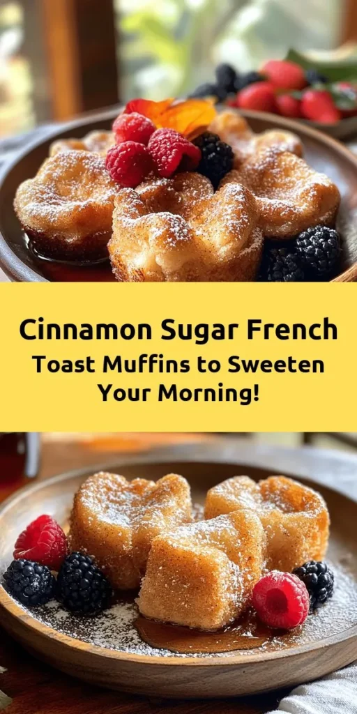 Indulge in the deliciousness of Cinnamon Sugar French Toast Muffins, a perfect breakfast treat! With day-old bread soaked in a creamy custard and baked to golden perfection, these muffins are jam-packed with flavor. Toss them in cinnamon sugar for an irresistible finish. Whether enjoyed warm on their own or drizzled with maple syrup, they make for a delightful start to your day. Quick to prepare and simply divine, these muffins are sure to become a family favorite!