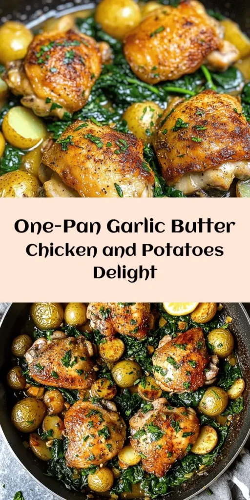 Looking for a quick and delicious meal? Try this Garlic Butter Chicken and Potatoes Skillet! With tender chicken thighs, golden baby potatoes, and fresh spinach all cooked in a rich garlic butter sauce, this dish is ready in just 30 minutes. Perfect for busy weeknights, it’s packed with flavor and nutrients. Just season, sauté, and serve – it’s that easy! Don’t forget to garnish with fresh parsley for an extra touch. Enjoy!