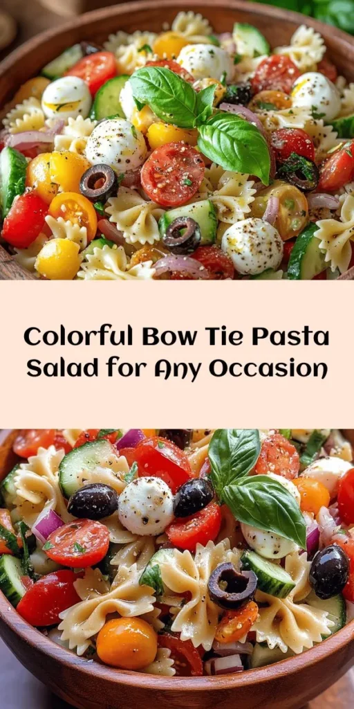 Delight in this vibrant Bow Tie Pasta Salad Extravaganza, perfect for picnics or barbecues! Bursting with color and flavor, this dish combines al dente bow tie pasta, fresh veggies like cherry tomatoes and cucumbers, and creamy mozzarella balls. A zesty dressing with olive oil, red wine vinegar, and Dijon mustard ties it all together. Prep is quick, with a chill time for the ultimate taste! Serve chilled and enjoy a refreshing, crowd-pleasing salad!