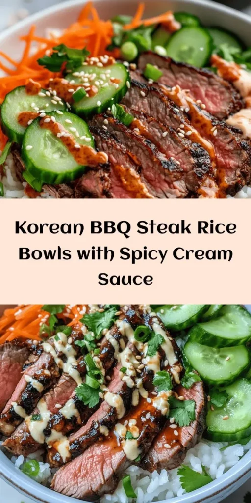 Get ready for a flavor explosion with these Korean BBQ Steak Rice Bowls! Perfectly marinated flank steak brings delicious umami to a bowl of fluffy jasmine rice. Topped with fresh veggies like cucumber and carrots, and drizzled with a spicy cream sauce made from gochujang, this dish is both satisfying and vibrant. Enjoy it as a quick weeknight dinner or meal prep for the week! Your taste buds will thank you!