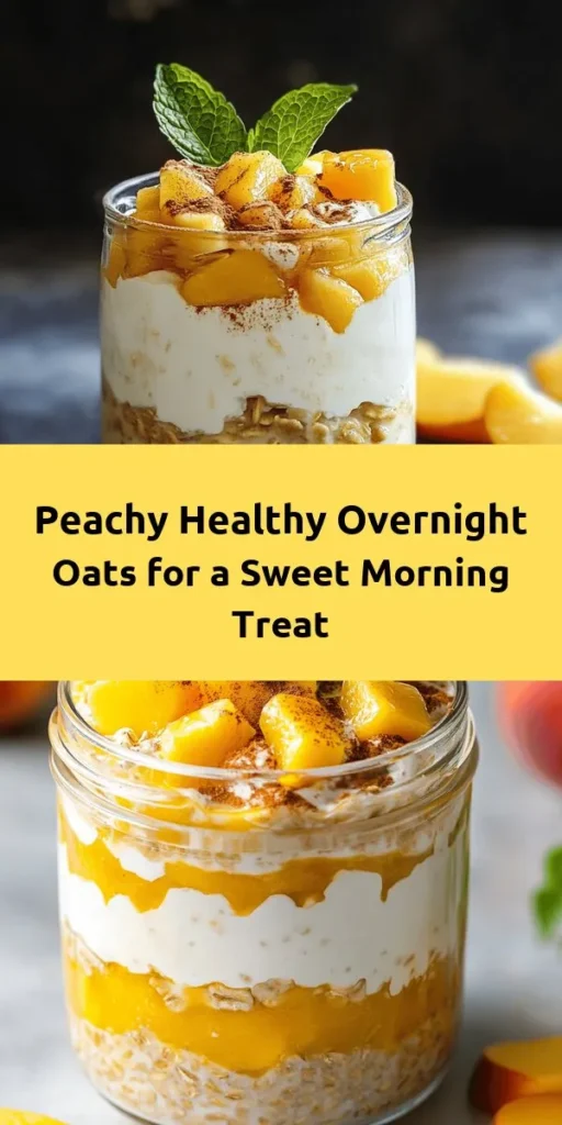 Start your day with these irresistible healthy overnight oats featuring juicy peaches! This recipe combines rolled oats, almond milk, Greek yogurt, and chia seeds for a nutritious breakfast. Sweetened with honey or maple syrup and spiced with cinnamon, it's both delicious and satisfying. Prep in just 10 minutes and let it chill overnight. In the morning, enjoy your oats cold or warm, topped with fresh peach slices and mint. Perfect for busy mornings!