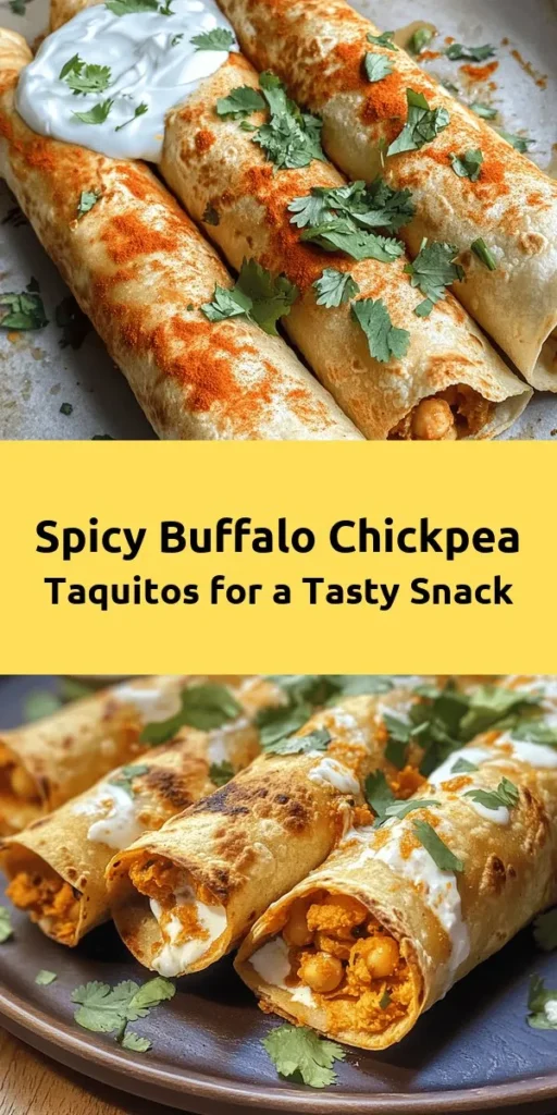 Try these delicious Buffalo Chickpea Taquitos for a spicy, satisfying snack or meal! With a perfect balance of creamy and crunchy, these taquitos are filled with mashed chickpeas, buffalo sauce, and spices, then baked to a golden crisp. Serve them warm with a side of Greek yogurt or vegan sour cream for an extra kick. Perfect for gatherings or a quick weeknight dinner, this easy recipe is a must-try for flavorful plant-based eating. Enjoy!