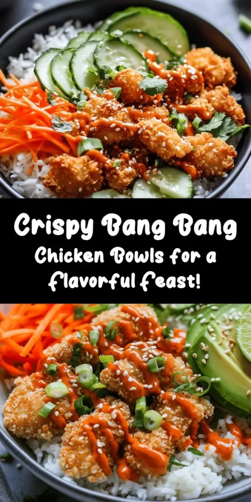 Whip up a delicious meal with these Bang Bang Chicken Bowls! Packed with crispy fried chicken tossed in a spicy-sweet sauce, fresh veggies, and a fluffy rice base, this recipe is a flavor explosion. Perfect for weeknight dinners or meal prep, you’ll love how easy it is to make. Top with avocado, green onions, and sesame seeds for that perfect finishing touch. Serve with lime wedges for an extra zesty kick! Enjoy this tasty twist on a bowl meal.