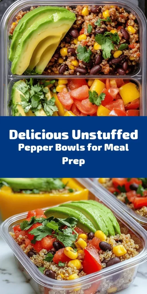 Whip up these delicious Meal Prep Unstuffed Pepper Bowls for a quick and healthy weeknight dinner! Packed with ground turkey or beef, colorful bell peppers, quinoa or rice, and black beans, they're bursting with flavor. Made in just 30 minutes, this easy recipe is perfect for meal prepping. Garnish with fresh cilantro and avocado for an extra touch. Enjoy a nutritious meal all week long with minimal effort!