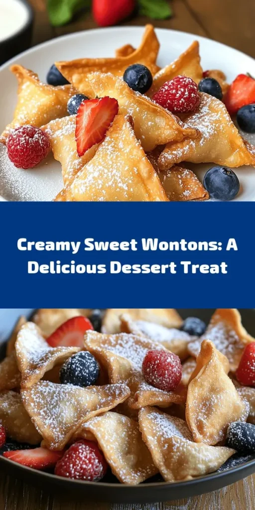 Indulge in the perfect fusion of creamy and crispy with these delightful Sweet Cream Cheese Wontons! Each bite features a luscious cream cheese filling mixed with powdered sugar, vanilla, and a hint of cinnamon. Wrapped in crispy wonton wrappers and fried to golden perfection, these treats are sure to impress. They're easy to make and perfect for sharing. Dust with powdered sugar and add fresh berries for a beautiful garnish. Enjoy!
