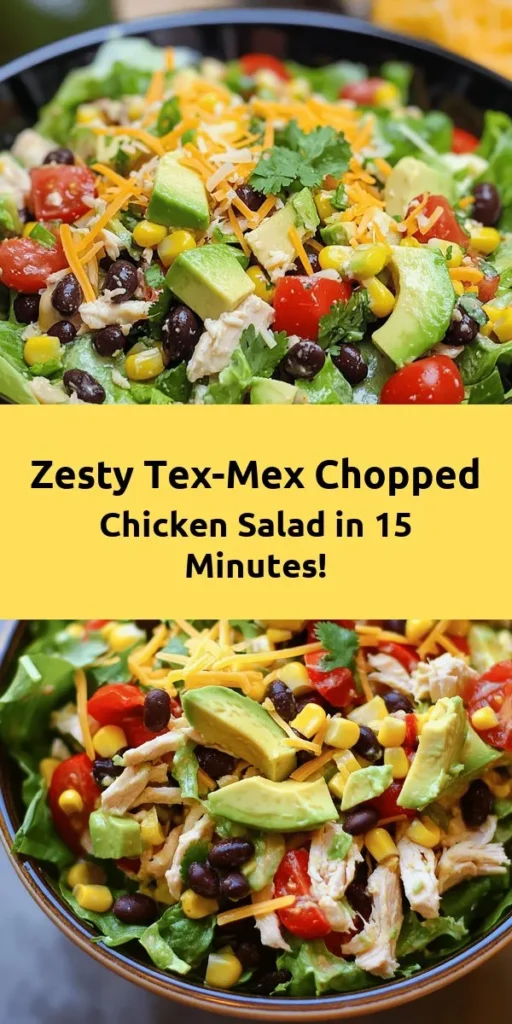 Try this delicious Crunchy Tex-Mex Chopped Chicken Salad for a quick and healthy meal! Packed with flavor from grilled chicken, fresh veggies, black beans, and avocado, it's topped with a zesty lime dressing for that perfect kick. Ready in just 15 minutes, this colorful salad is ideal for lunch or dinner. Customize it to your taste with shredded cheese and your favorite dressing. Perfect for meal prep or a refreshing side dish!