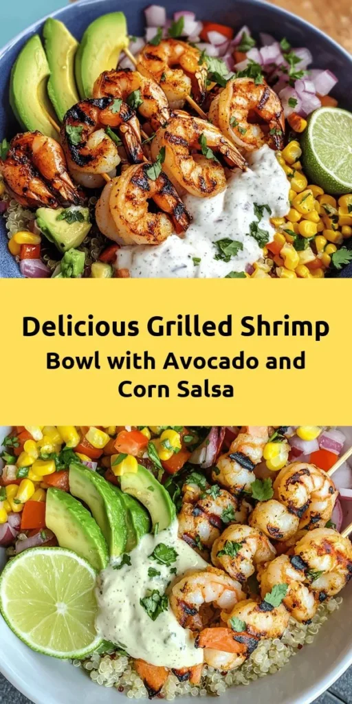Elevate your dinner game with this Grilled Shrimp Bowl featuring fresh avocado, vibrant corn salsa, and a creamy garlic sauce! This delicious recipe is perfect for a quick weeknight meal or a weekend gathering. Marinate succulent shrimp in a zesty mix, grill to perfection, and serve over a bed of fluffy quinoa or rice. Top with colorful salsa and creamy sauce for a burst of flavor in every bite. Dive into a tropical taste adventure with this easy, healthy dish!