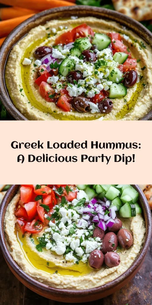Elevate your snacking game with this Greek Style Loaded Hummus! Made with creamy chickpeas, tahini, and fresh ingredients, this colorful dish is topped with diced cucumber, juicy tomatoes, Kalamata olives, and crumbled feta cheese. Perfect for sharing, this easy recipe comes together in just 15 minutes. Serve with warm pita or crisp vegetables for a healthy appetizer that’s bursting with Mediterranean flavors. Ideal for gatherings or a quick, nutritious snack!