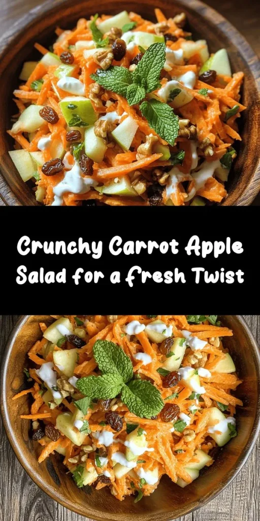 Looking for a refreshing and healthy side dish? Try this Crunchy Carrot Apple Salad! Packed with grated carrots, diced apples, raisins, and walnuts, it's a delightful mix of textures and flavors. Tossed in a creamy Greek yogurt dressing with a hint of honey and cinnamon, this salad is perfect for meal prep or as a light lunch. Chill for a bit to let the flavors meld, and enjoy! It’s simple, nutritious, and oh-so-delicious!