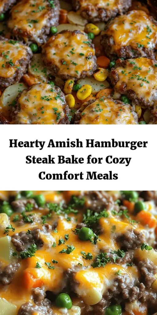 Looking for a comforting family meal? Try this delicious Amish Hamburger Steak Bake! Juicy beef patties are layered with tender sliced potatoes, mixed vegetables, and a creamy mushroom sauce for a hearty dish everyone will love. Topped with melted cheddar cheese for an extra touch of flavor, this casserole is easy to make and perfect for busy weeknights. Ready in just over an hour, it serves 6 and is sure to become a family favorite!