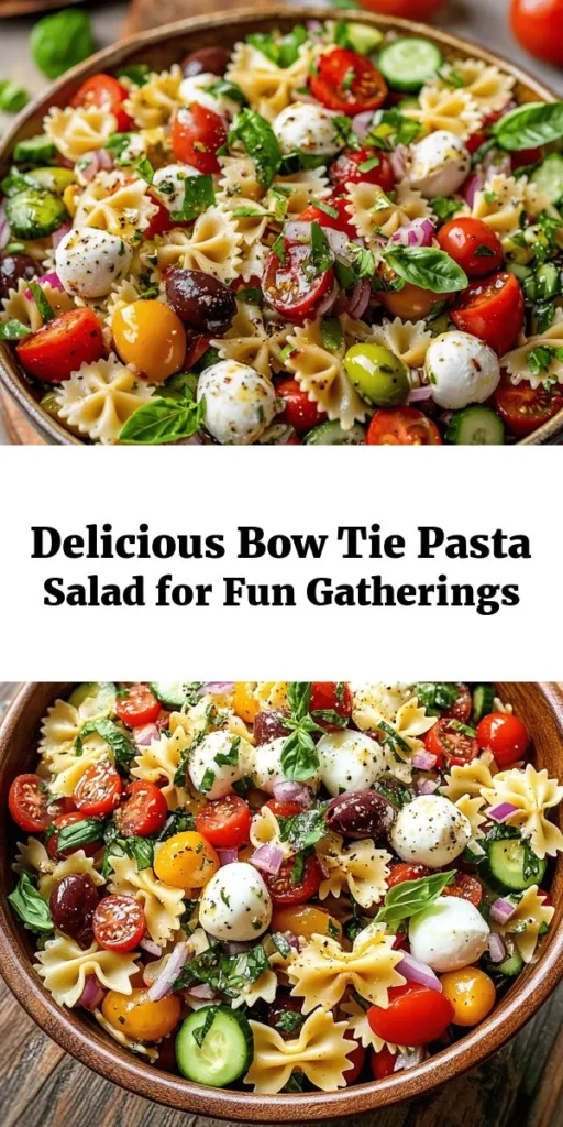 Looking for a refreshing and vibrant pasta salad? Try this Bow Tie Bliss Pasta Salad! Packed with bow tie pasta, juicy cherry tomatoes, crunchy cucumbers, Kalamata olives, and fresh mozzarella, it's a colorful dish perfect for any occasion. Tossed in a simple garlic and balsamic dressing, it’s not only delicious but also quick to prepare. Ideal for picnics or potlucks, let it chill in the fridge to enhance the flavors. Enjoy this delightful and easy recipe!