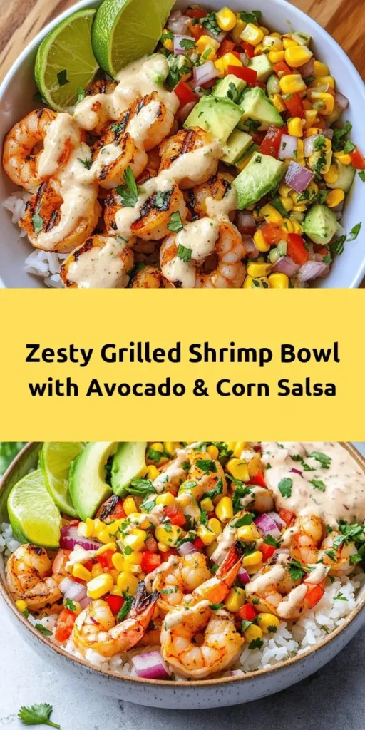 Whip up a vibrant Grilled Shrimp Bowl bursting with flavors! This easy recipe features juicy, marinated shrimp grilled to perfection, paired with fresh avocado slices and a zesty corn salsa. Drizzle it all with a creamy garlic sauce for that extra kick. Perfect for a quick weeknight dinner or entertaining guests. Ready in just 40 minutes, it's as delicious as it is visually appealing. Don't forget the lime wedges for a refreshing touch!