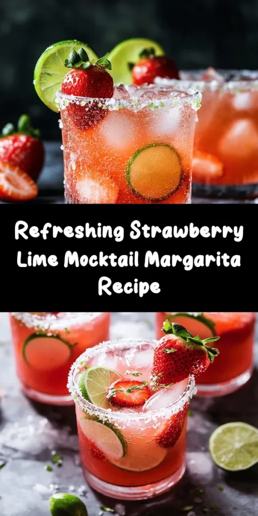 Quench your thirst with this delicious Strawberry Lime Mocktail Margarita! Perfect for sunny days, it blends fresh strawberries and zesty lime juice for a refreshing drink. Just mix the strawberry puree with sparkling water and agave syrup, and pour over ice. Garnish with strawberries and lime wheels for an extra touch. With just 10 minutes of prep time, this mocktail is great for gatherings or a relaxing afternoon. Cheers to a vibrant, alcohol-free treat!