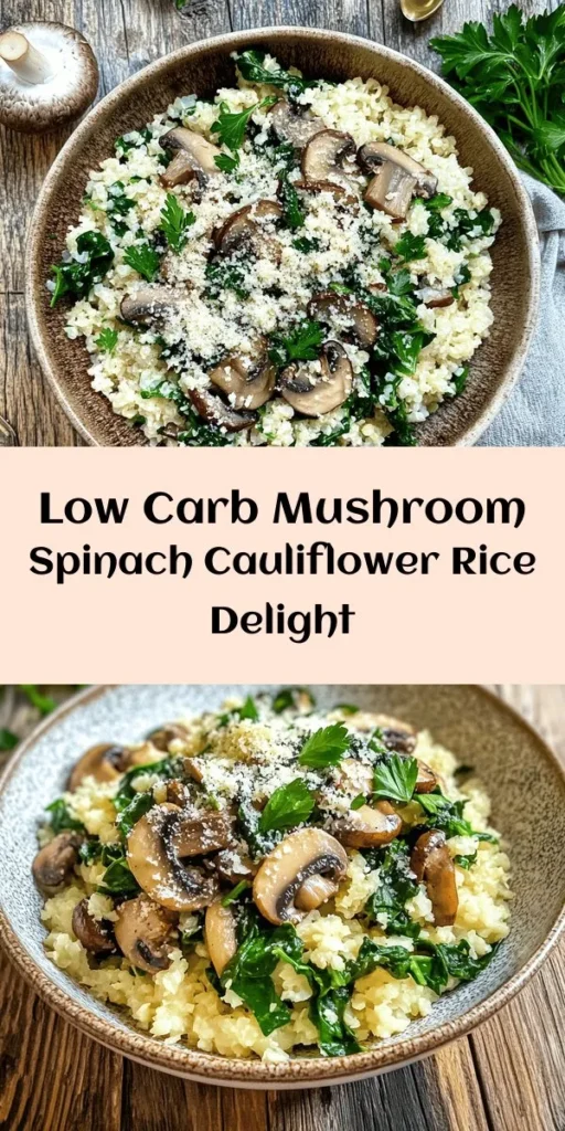 Looking for a delicious and healthy side dish? Try this Low Carb Mushroom & Spinach Cauliflower Rice! Packed with fresh ingredients like mushrooms, spinach, and garlic, this dish is not only low in carbs but also full of flavor. It's super simple to make and perfect for meal prep. Just sauté your veggies, stir in cauliflower rice, and enjoy! Add a sprinkle of Parmesan for an extra touch. Great for any weeknight dinner!