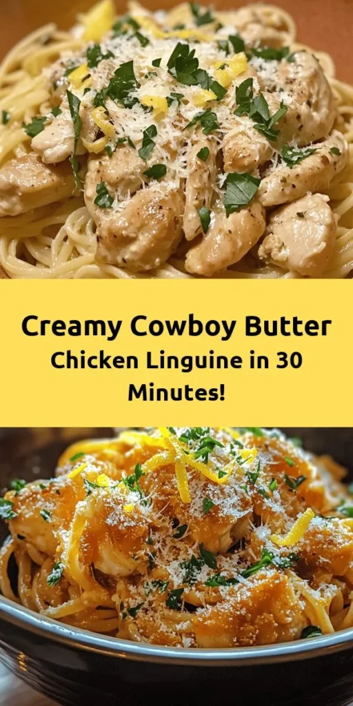Satisfy your cravings with this Easy Cowboy Butter Chicken Linguine! This quick and delicious recipe features tender chicken tossed in a creamy garlic butter sauce, perfectly paired with linguine. With just a handful of ingredients like smoked paprika, Parmesan, and fresh lemon zest, it's a meal that's sure to impress. Perfect for a weeknight dinner or a cozy gathering, whip it up in just 30 minutes and enjoy a delightful, comforting dish that everyone will love!