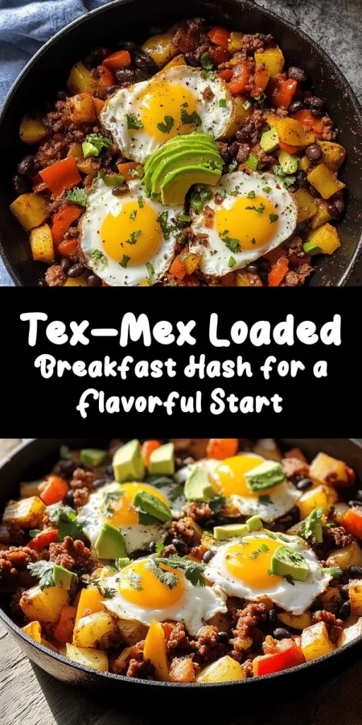 Start your day off right with this Tasty Tex-Mex Loaded Breakfast Hash! It's a delicious mix of crispy potatoes, sautéed bell peppers and onions, and flavorful chorizo or sausage, topped with perfectly cooked eggs. Ready in just 30 minutes, it's a perfect hearty breakfast for anyone. Finish it with creamy avocado, fresh cilantro, and your favorite salsa or hot sauce for a burst of flavor. This recipe serves 4, making it great for a family brunch!