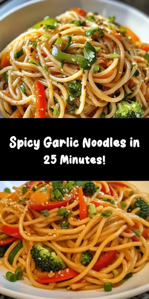 Spice up your dinner with this Fiery Garlic Noodle Delight! This quick and easy recipe features noodles tossed in a zesty sauce with savory garlic and a kick of heat from red pepper flakes. Packed with colorful veggies and finished with fresh green onions and cilantro, it’s a flavor explosion in every bite. Perfect for a weeknight meal, it takes just 25 minutes to prepare. Give your taste buds a treat and try this delicious dish tonight!