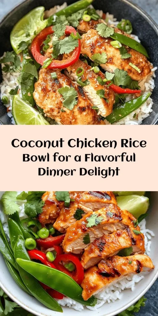 Indulge in this delicious Coconut Chicken Rice Bowl that's perfect for dinner any night of the week! Featuring tender jasmine rice infused with creamy coconut milk and chicken broth, this dish is topped with marinated, pan-seared chicken thighs and vibrant vegetables like red bell pepper and snow peas. Fresh cilantro and lime juice finish it off for a burst of flavor. Simple to make and packed with taste, it’s a family favorite in no time!