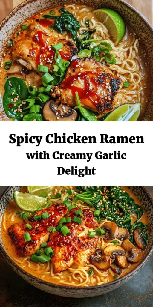 Spice up your dinner with this delicious Fiery Chicken Ramen featuring a creamy garlic sauce! This recipe is perfect for those who love a kick in their meal, with marinated chicken thighs, tender shiitake mushrooms, and fresh baby spinach. Cooked in a rich broth and creamy sauce, this ramen is a comforting bowl of flavor. Top it off with garnishes like chili flakes, sesame seeds, and lime for an extra burst. Ready in just 45 minutes, it's great for a cozy weeknight treat!