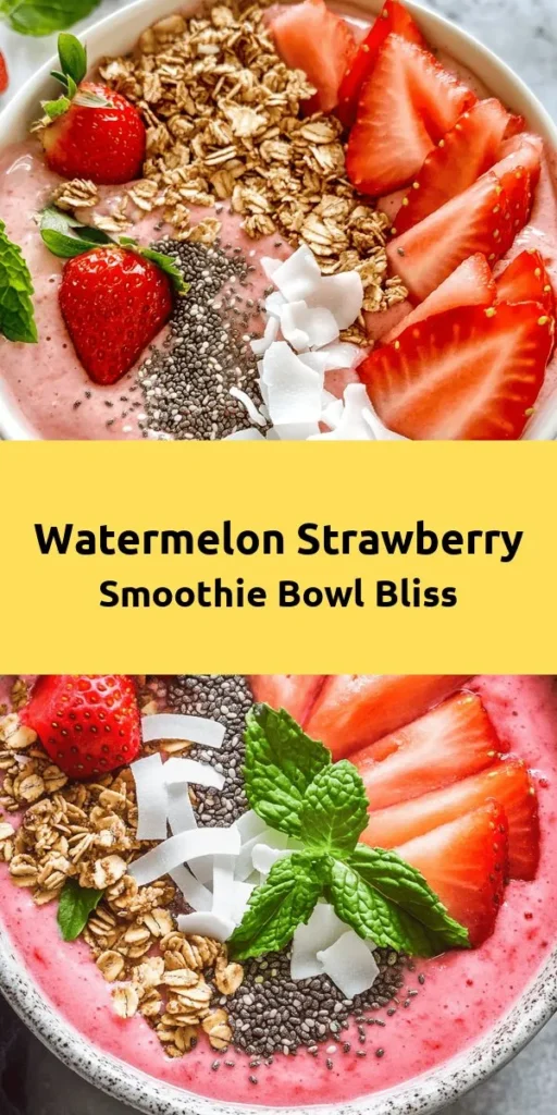 Dive into summer with this refreshing Watermelon and Strawberry Smoothie Bowl! Perfect for breakfast or a snack, this bowl blends frozen watermelon, strawberries, and banana into a creamy delight, topped with fresh fruit, granola, chia seeds, and coconut. It's quick to make in just 10 minutes and can be customized to your taste with honey for sweetness. Enjoy this vibrant, healthy treat that looks as good as it tastes!
