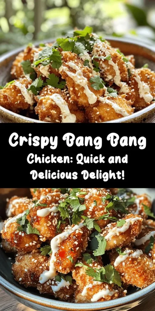 Try this deliciously crispy Bang Bang Chicken for an irresistible meal! Coated in seasoned flour, beaten eggs, and crunchy panko breadcrumbs, each bite is perfectly golden and satisfying. Tossed in a creamy, spicy Bang Bang sauce that blends mayonnaise, sweet chili, sriracha, and lime juice, this dish is packed with flavor. It's easy to make and perfect for a family dinner or a fun gathering. Garnish with fresh cilantro and sesame seeds for an extra pop! Enjoy cooking!