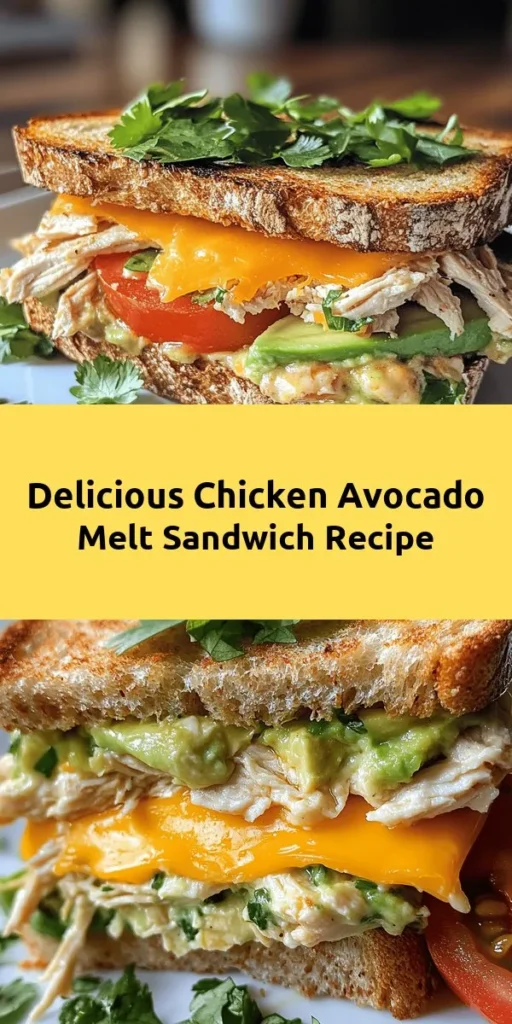 Indulge in this Chicken Avocado Melt Sandwich that's bursting with flavor! Made with shredded chicken and creamy avocado mixed with cheddar cheese, mayonnaise, and a hint of lime, this sandwich is as delicious as it is easy to make. Toast it to golden perfection and enjoy with fresh tomato slices. Perfect for a quick lunch or a comforting dinner, you can whip it up in just 20 minutes. Don't forget to add fresh cilantro for a pop of color and flavor!
