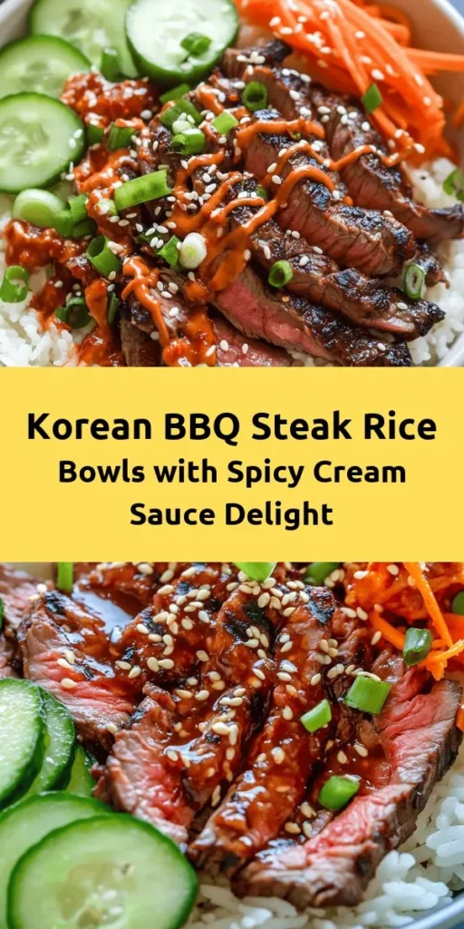 Indulge in the savory joy of Korean BBQ Steak Rice Bowls with a zesty spicy cream sauce! This recipe features tender, marinated flank steak grilled to perfection, served over fluffy jasmine rice alongside fresh cucumber and crunchy carrots. The creamy sauce adds a delightful kick, and don’t forget the kimchi for an authentic touch! Perfect for a weeknight dinner or a special occasion, this dish brings vibrant flavors and a satisfying meal to your table. Enjoy every bite!